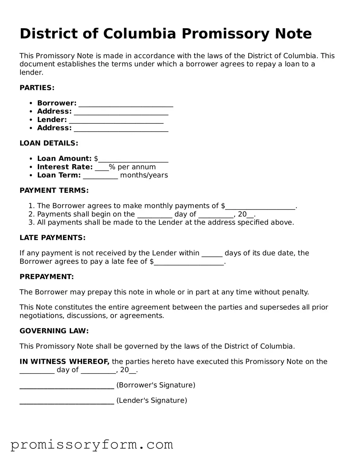 Valid District of Columbia Promissory Note Template