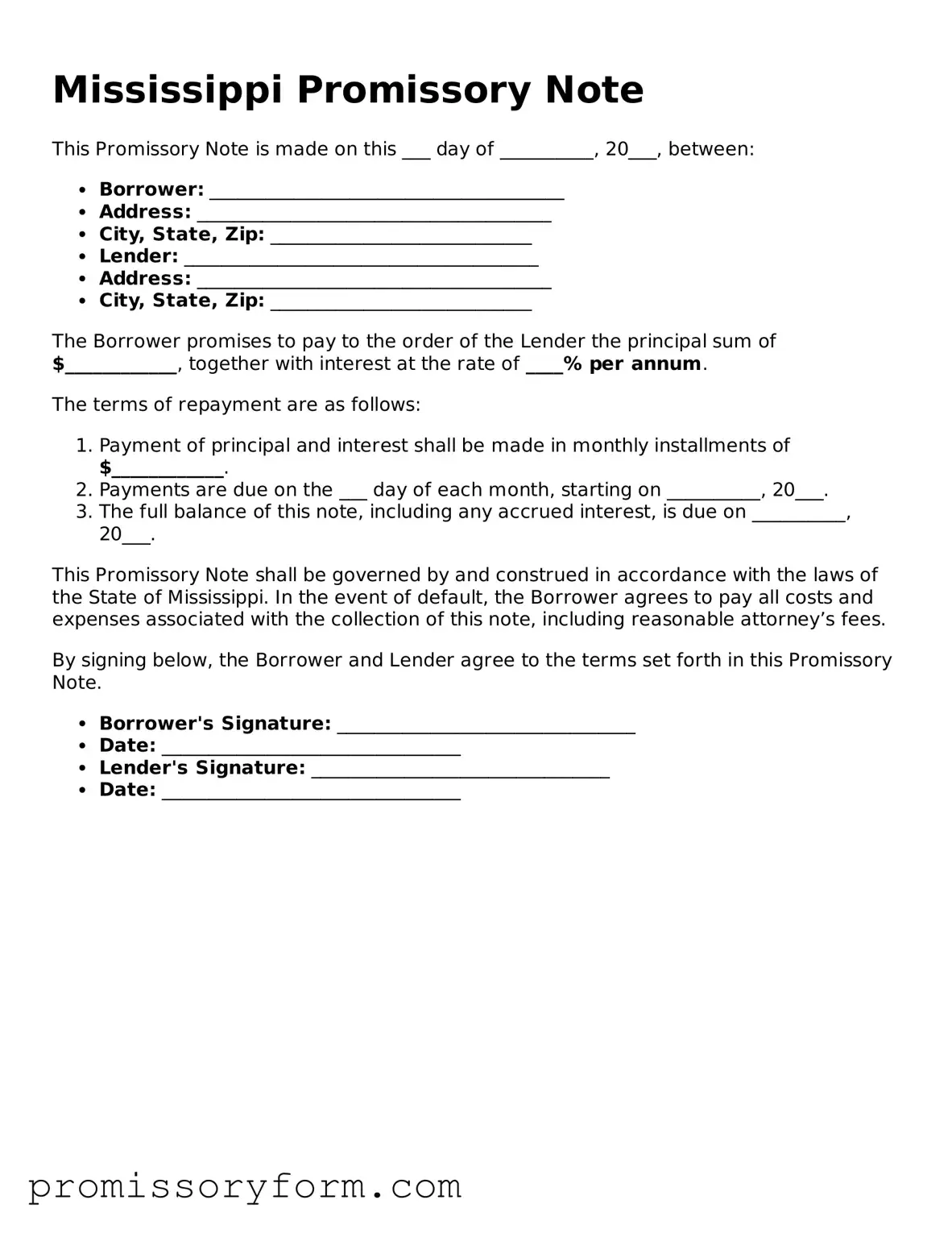 Valid Mississippi Promissory Note Template