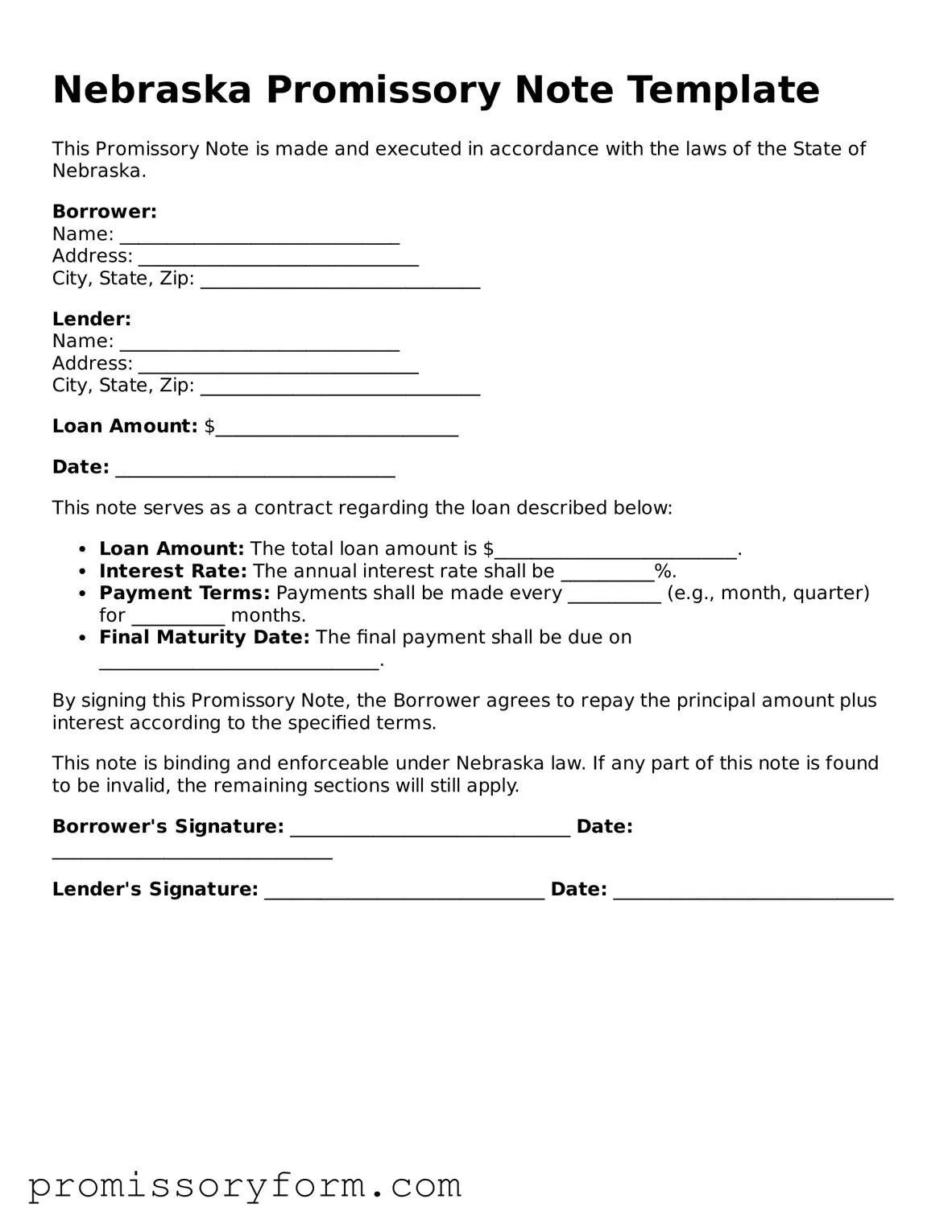 Valid Nebraska Promissory Note Template