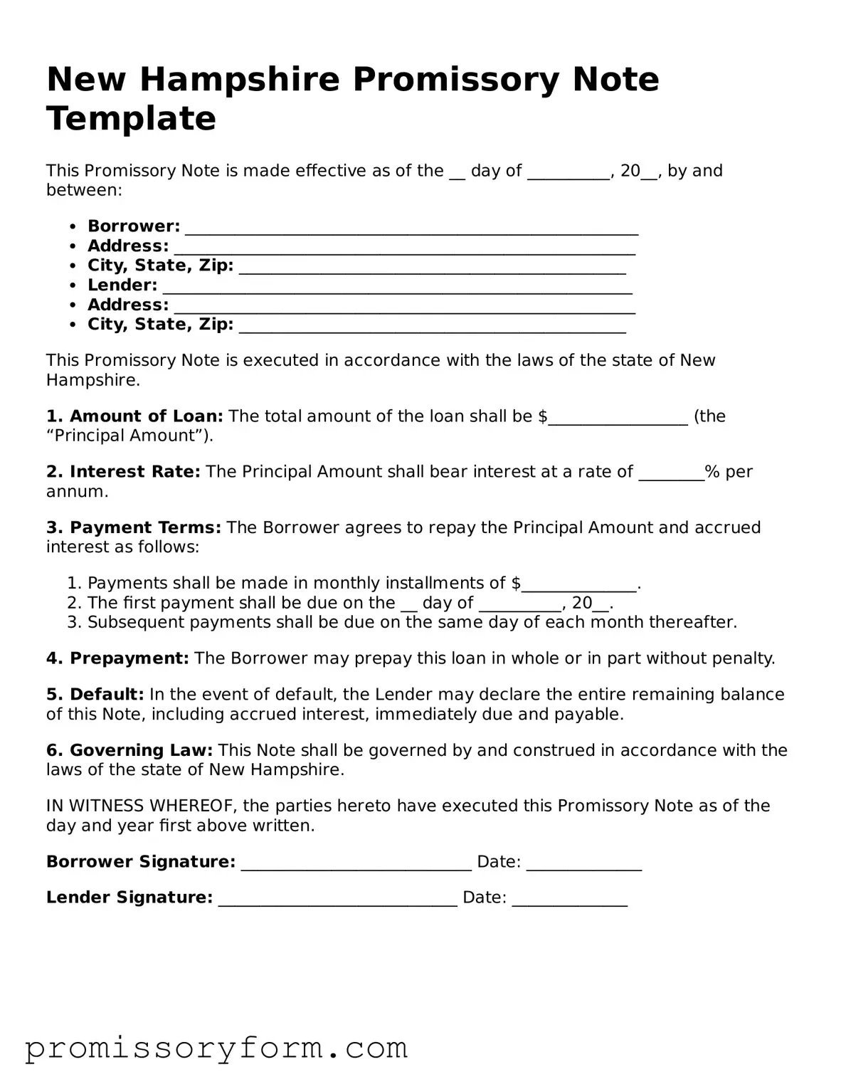 Valid New Hampshire Promissory Note Template