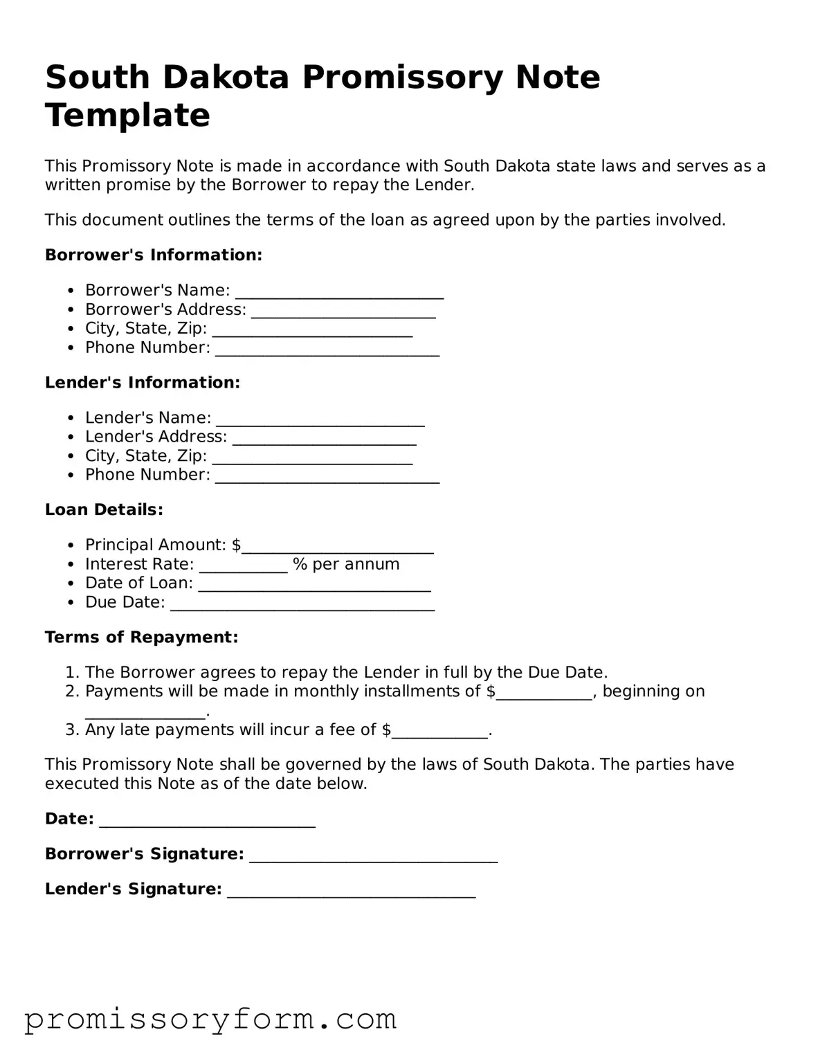 Valid South Dakota Promissory Note Template