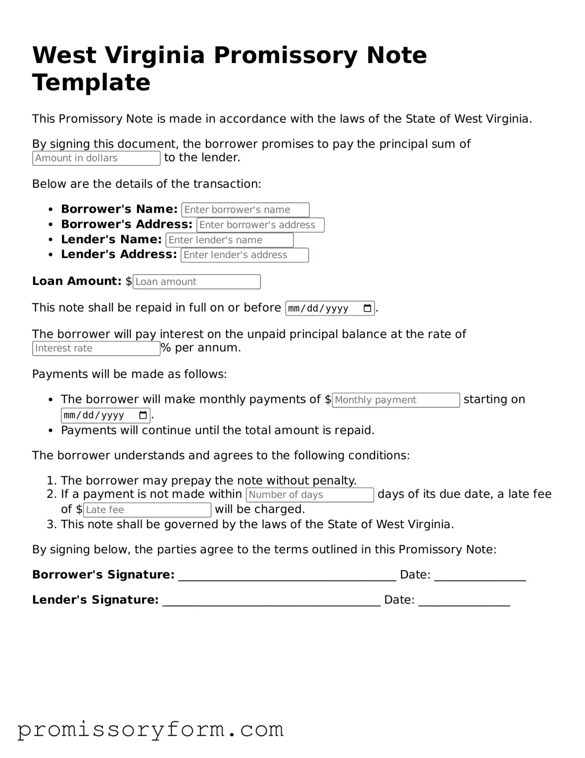 Valid West Virginia Promissory Note Template